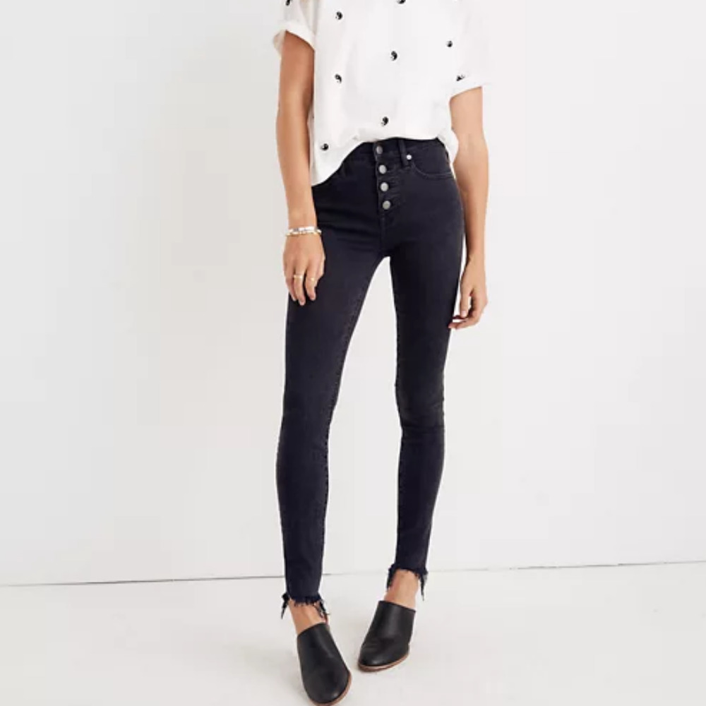 Madewell 10" High Rise Skinny Black Jeans Women's 26 Button Fly Raw Hem Mom Pant